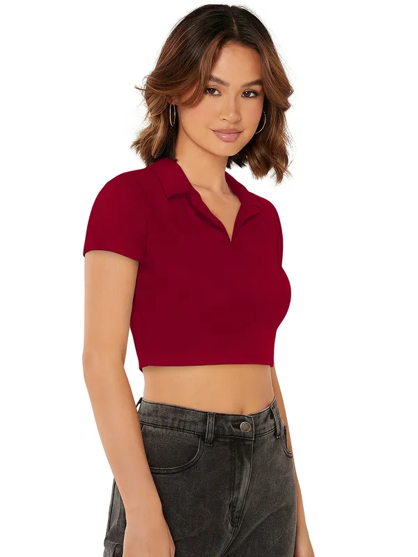 Polyester Knitting Collar neck Tops for Women (Size-M) (Color-MAROON)